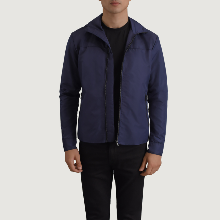 Mens Wesley Blue Hooded Windbreaker Jacket Open Front-4-1698749028703